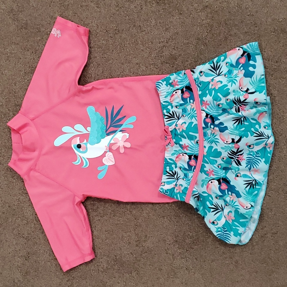 Girls Pink Rash Guard Bikini Set with Tropical Toucan Print